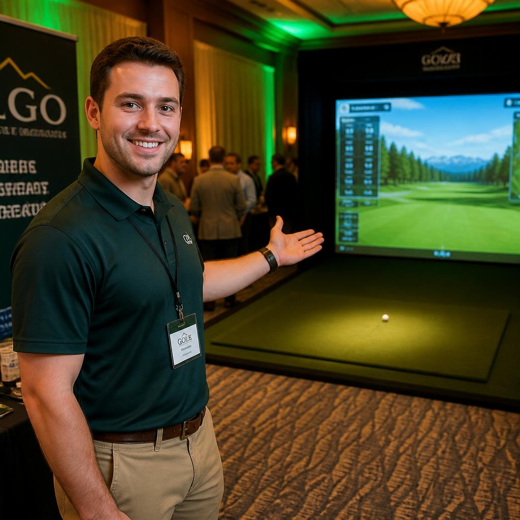 Friendly host presenting a golf simulator at an event